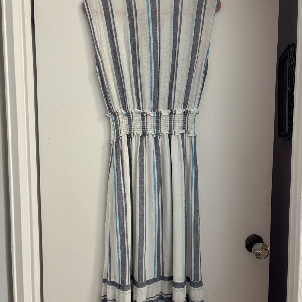 Rails Ashlyn Aegean Blue & White Striped Linen Blend Tie Neck Midi Dress - s - Picture 4 of 7
